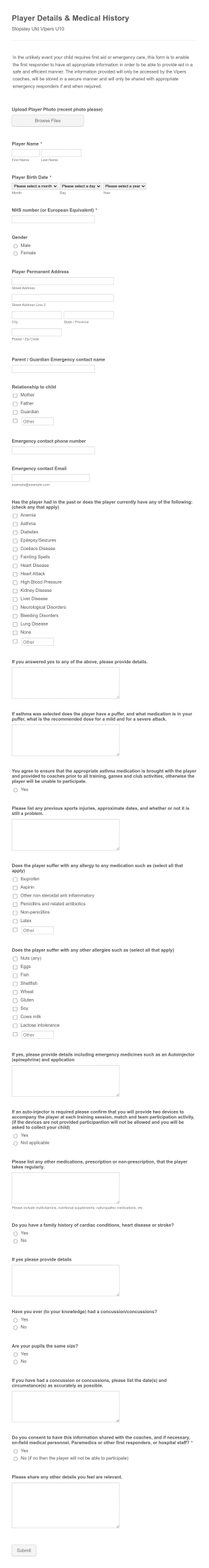 Player Details And Medical History Form Template