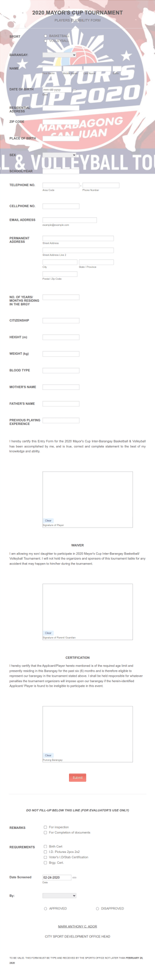 Player Eligibility Form Template