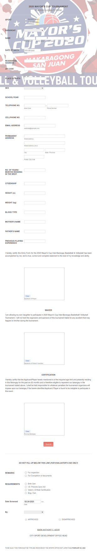 Player Eligibility Form Template