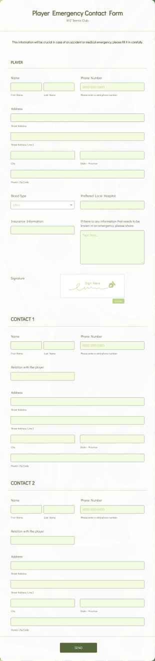 Player Emergency Contact Form Template