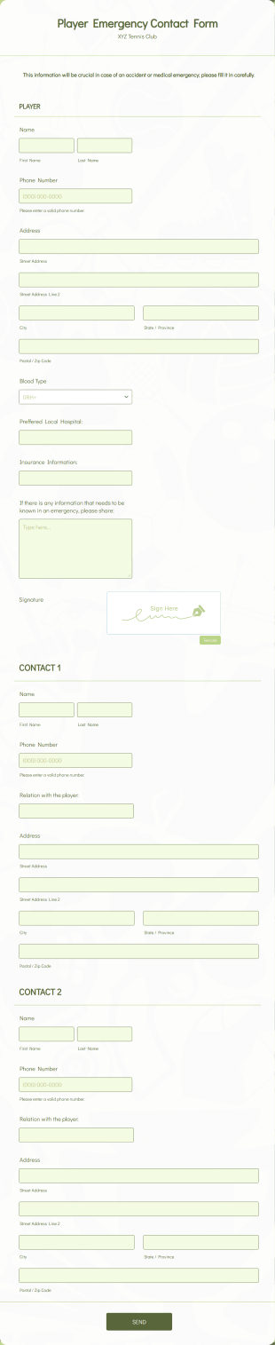 Player Emergency Contact Form Template
