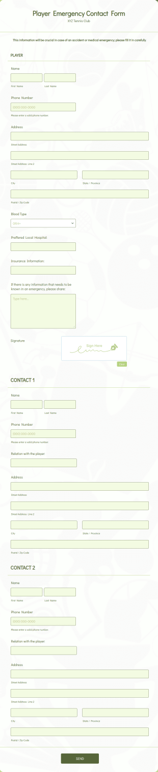 Player Emergency Contact Form Template