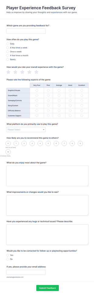 Player Experience Feedback Survey Form Template