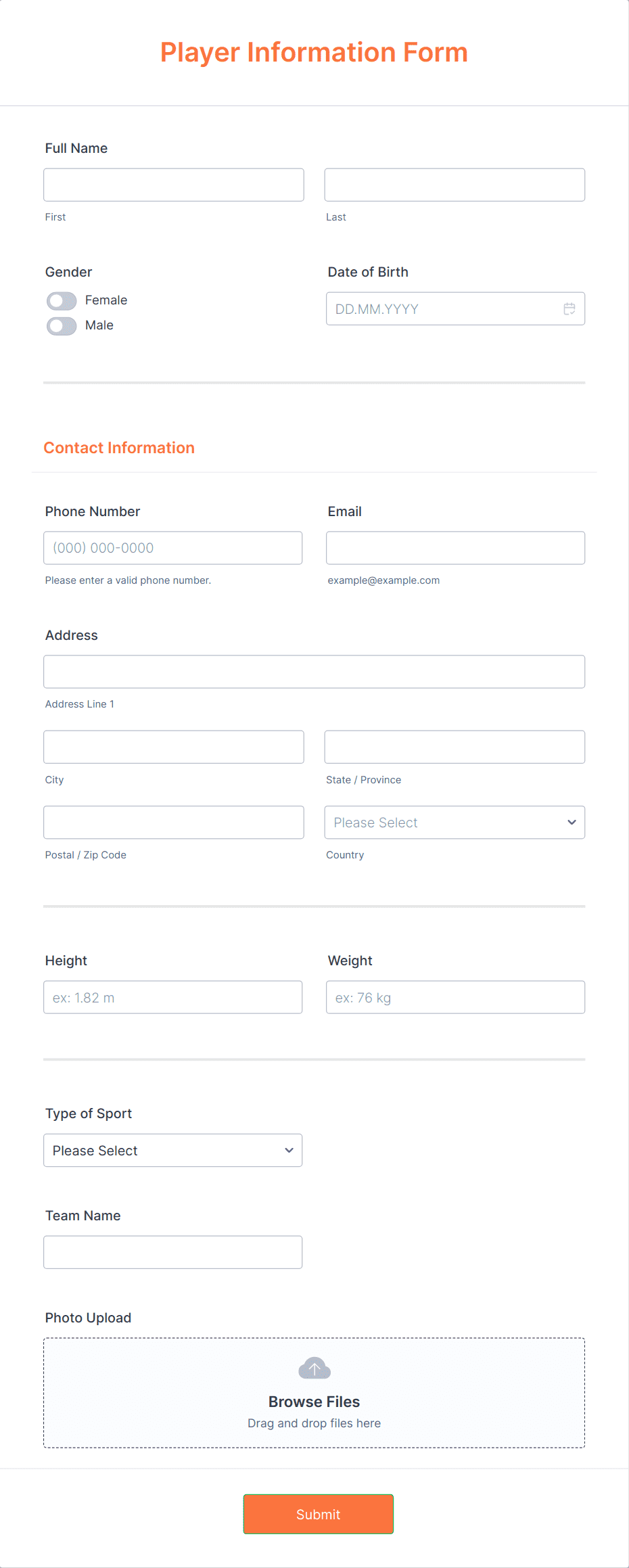 Player Information Form Template | Jotform
