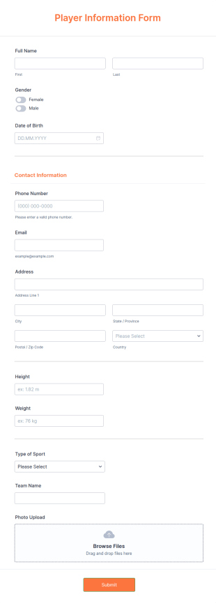 Player Information Form Template