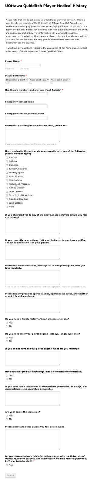 Player Medical History Form Template