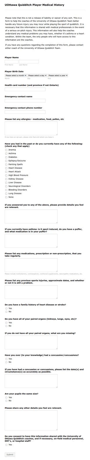 Player Medical History Form Template