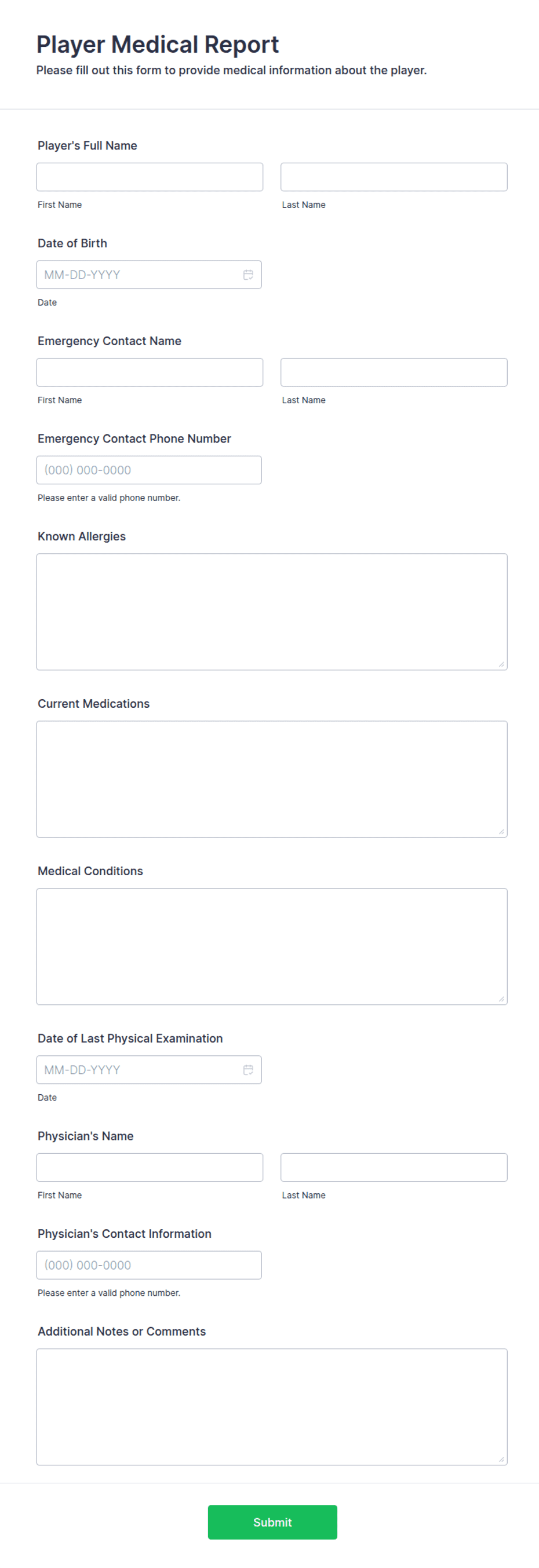 Player Medical Report Form Template | Jotform