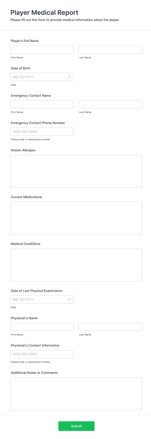 Player Medical Report Form Form Template