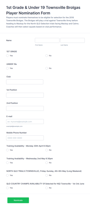 Player Nomination Form Template
