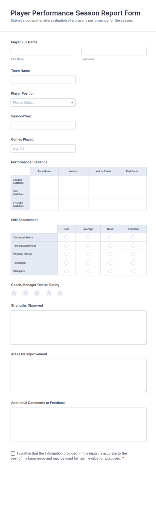 Player Performance Season Report Form Template