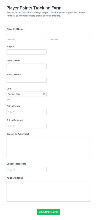 Player Points Tracking Form Template