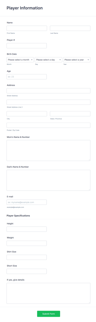 Player Profile Form Template