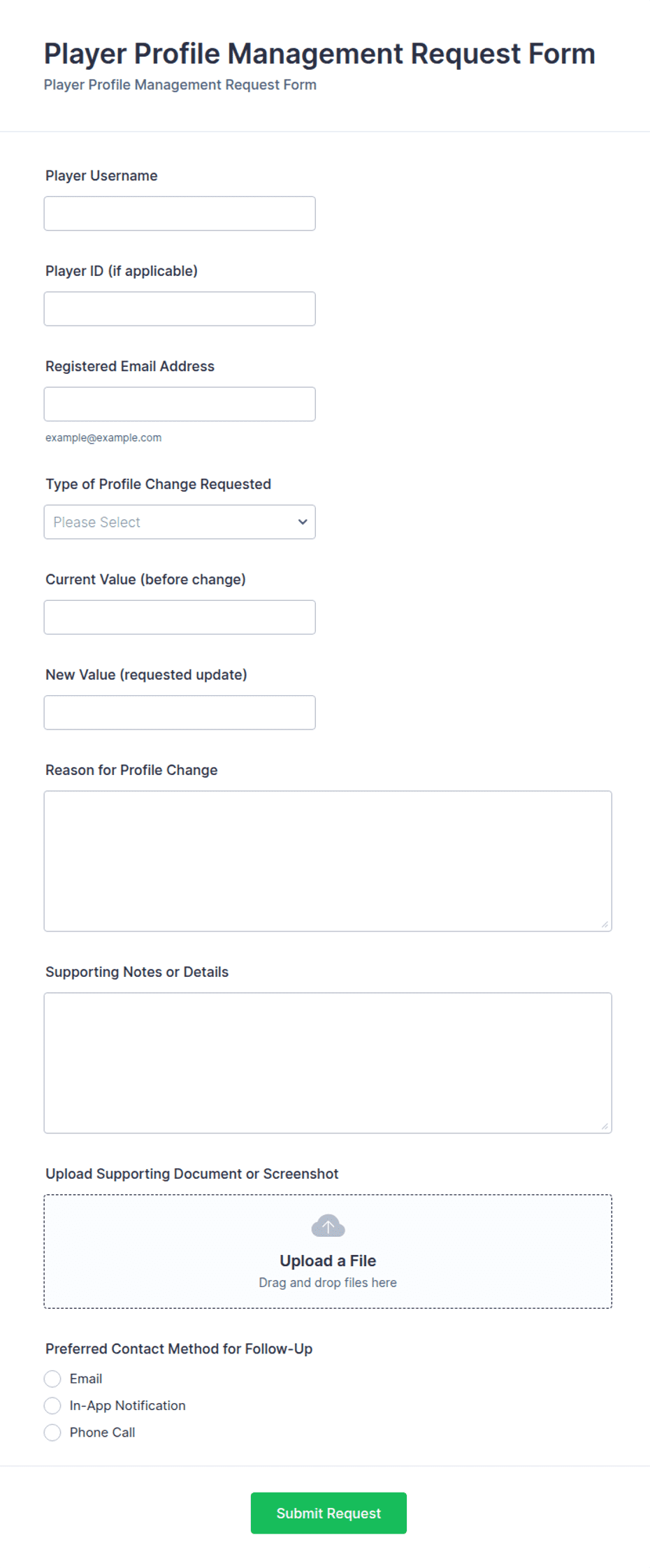 Player Profile Management Request Form Template | Jotform
