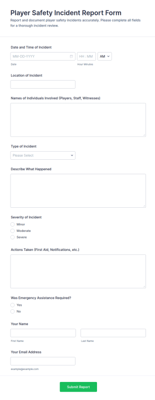 Player Safety Incident Report Form Template