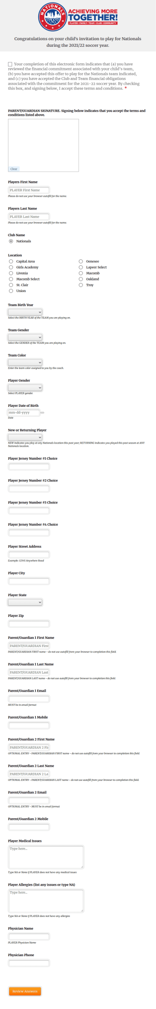Player Team Commitment Form Template