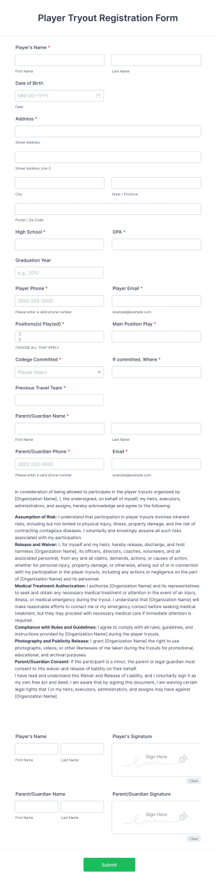 Player Tryout Registration Form Template