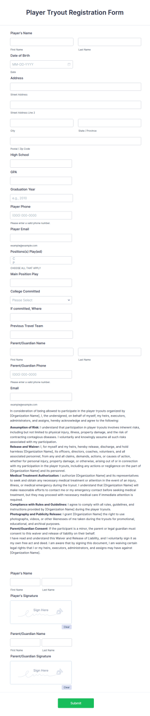 Player Tryout Registration Form Template