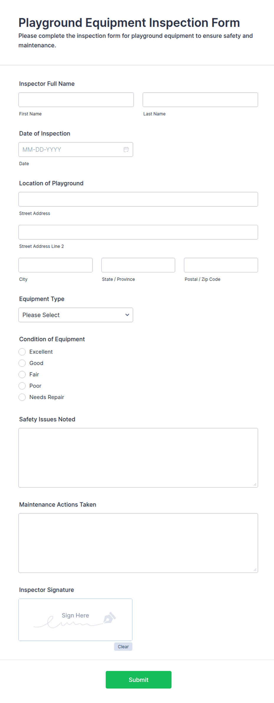 Inflatble Inspection Form Playground Equipment Inspection Form Template | Jotform
