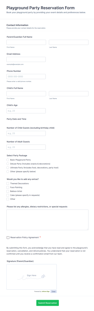 Playground Party Reservation Form Template