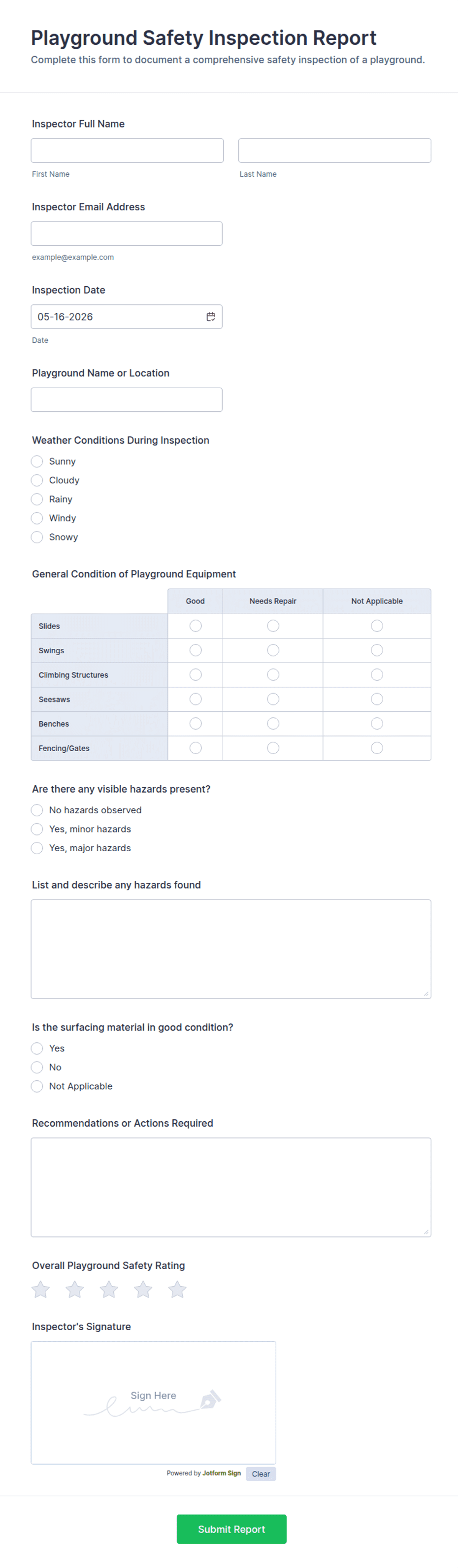 Playground Safety Inspection Report Form Template | Jotform