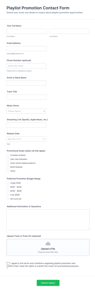 Playlist Promotion Contact Form Template