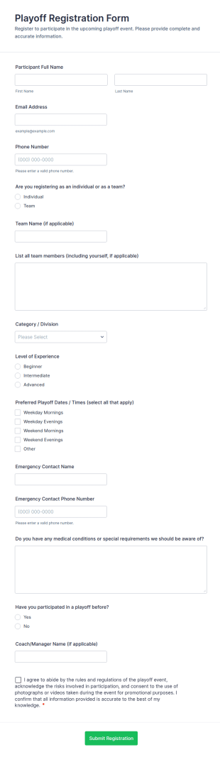 Playoff Registration Form Template
