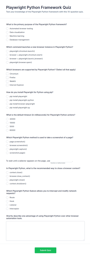 Playwright Python Framework Quiz Form Template