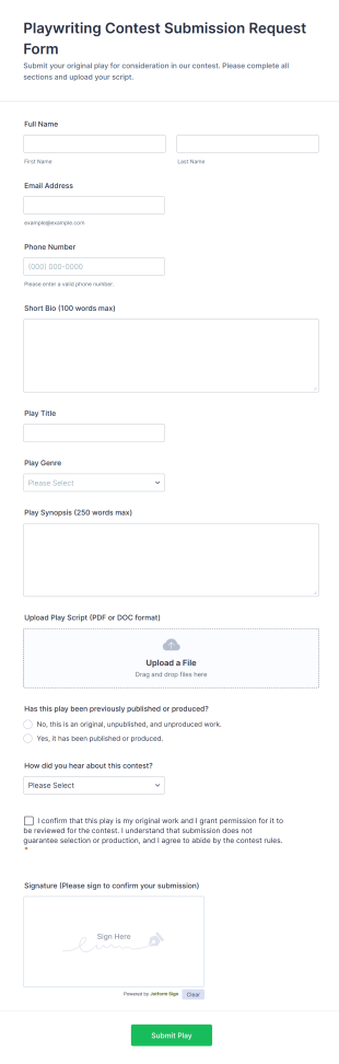 Playwriting Contest Submission Request Form Template