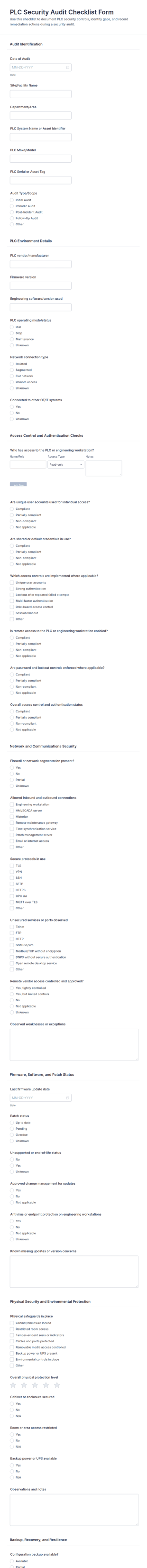 PLC Security Audit Checklist Form Template