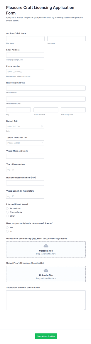 Pleasure Craft Licensing Application Form Template