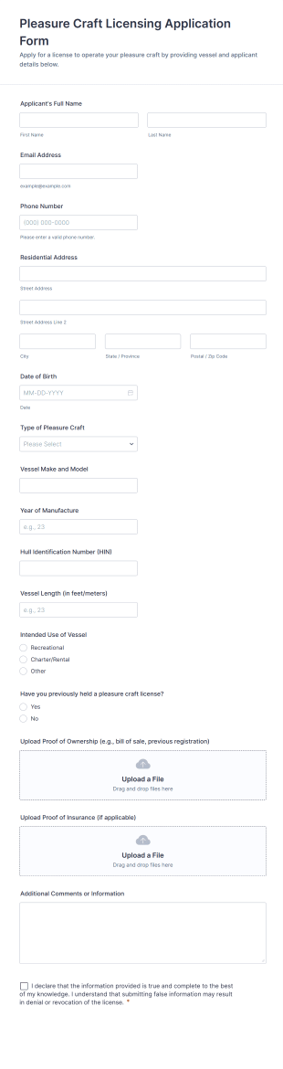 Pleasure Craft Licensing Application Form Template