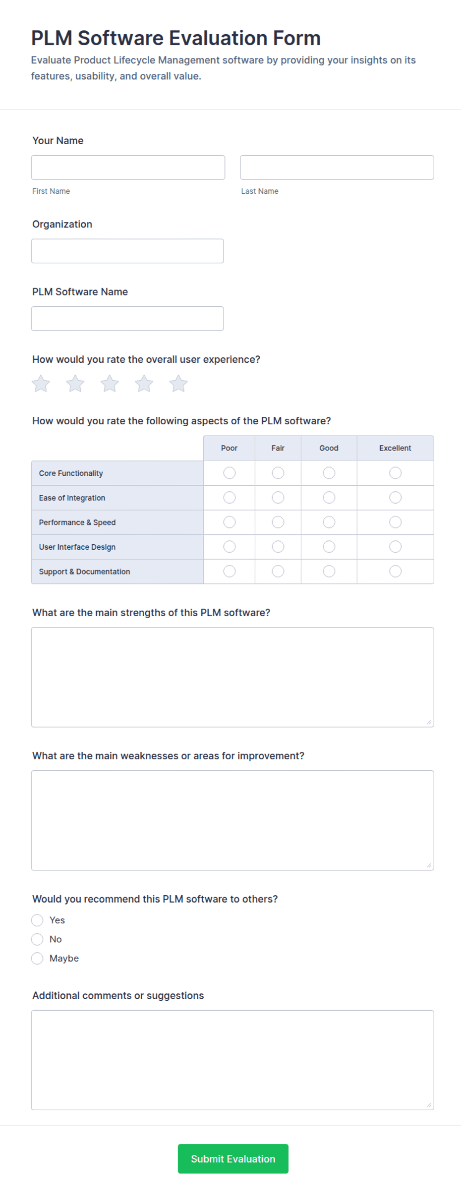 PLM Software Evaluation Form Template | Jotform