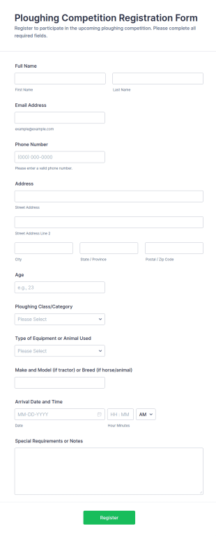 Ploughing Competition Registration Form Template