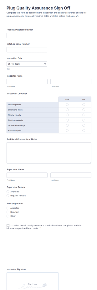 Plug Quality Assurance Sign Off Form Template