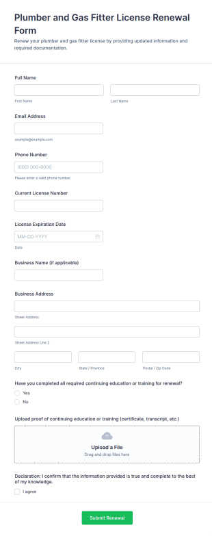 Plumber And Gas Fitter License Renewal Form Template
