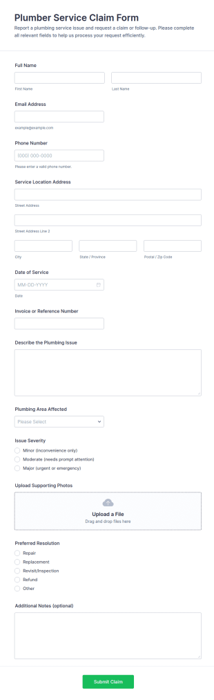 Plumber Service Claim Form Template