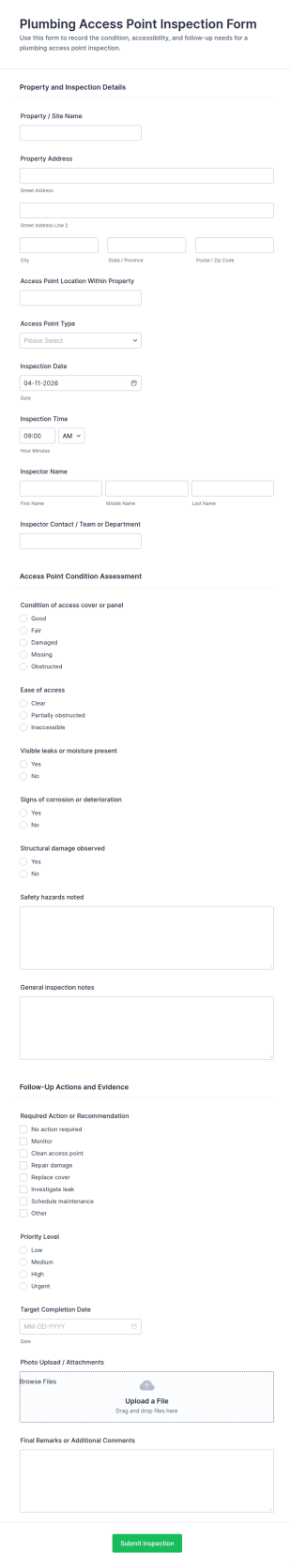 Plumbing Access Point Inspection Form Template