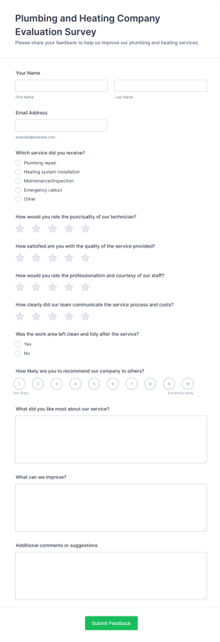 Plumbing And Heating Company Evaluation Survey Form Template