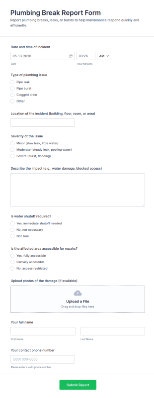 Plumbing Break Report Form Template