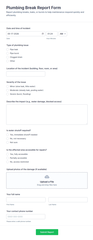 Plumbing Break Report Form Template