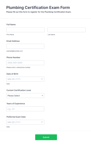 Plumbing Certification Exam Form Template