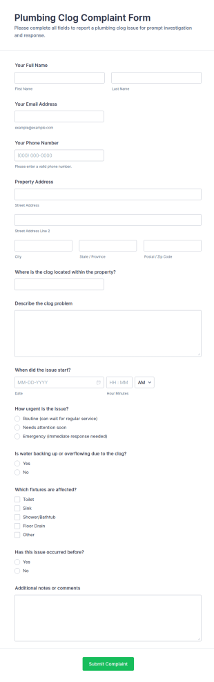 Plumbing Clog Complaint Form Template