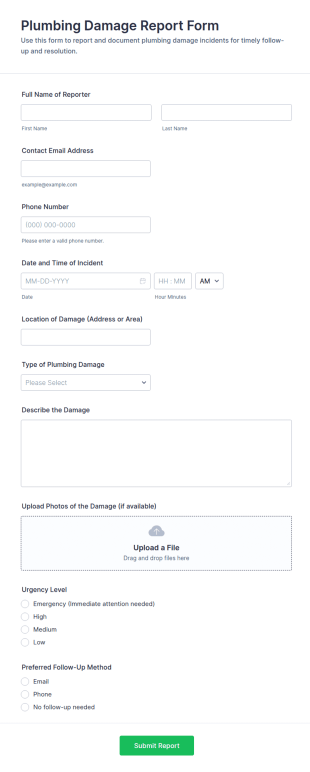 Plumbing Damage Report Form Template