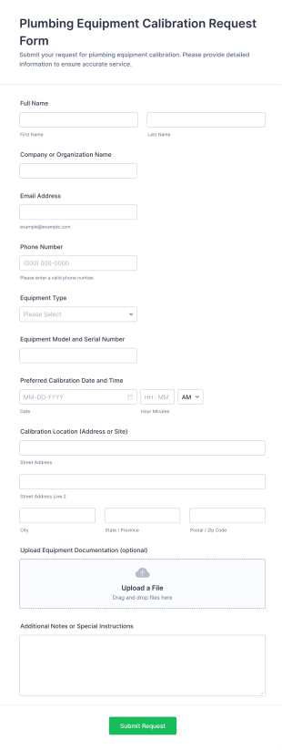 Plumbing Equipment Calibration Request Form Template
