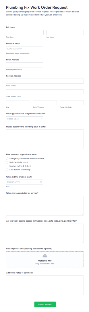 Plumbing Fix Work Order Request Form Template