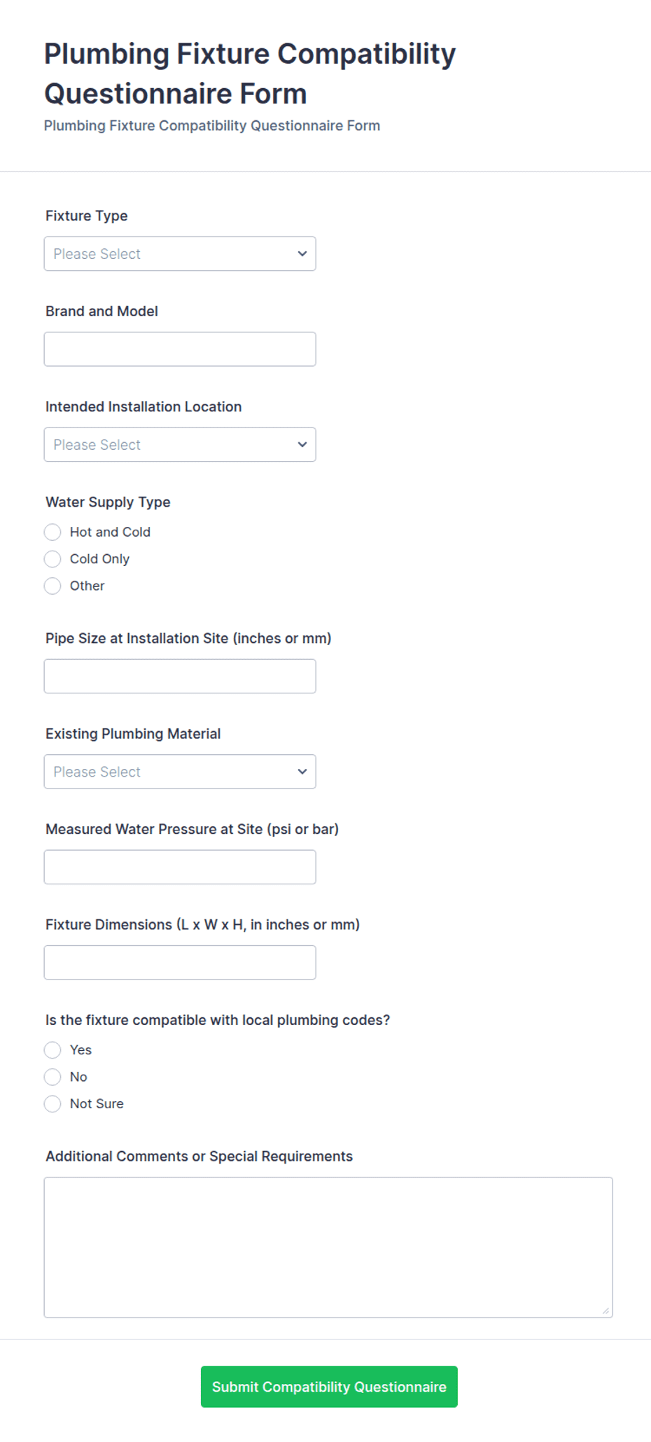 Plumbing Fixture Compatibility Questionnaire Form Template | Jotform