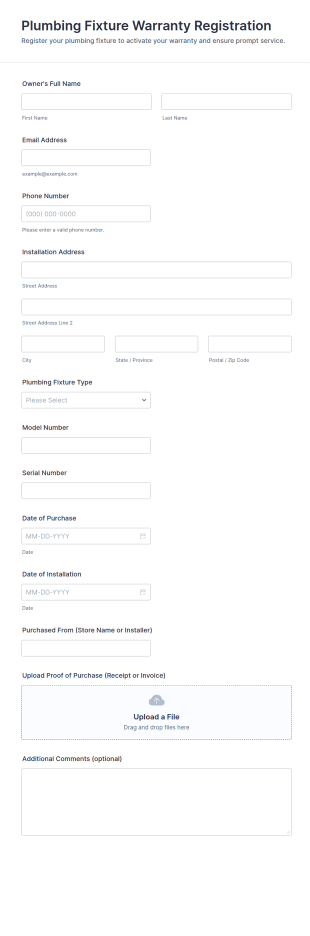 Plumbing Fixture Warranty Registration Form Template