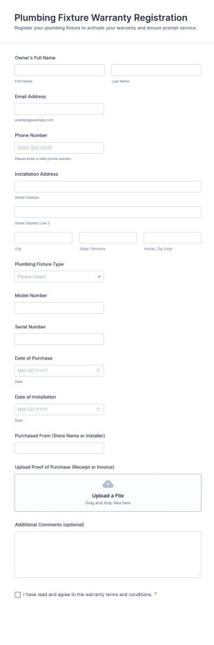 Plumbing Fixture Warranty Registration Form Template