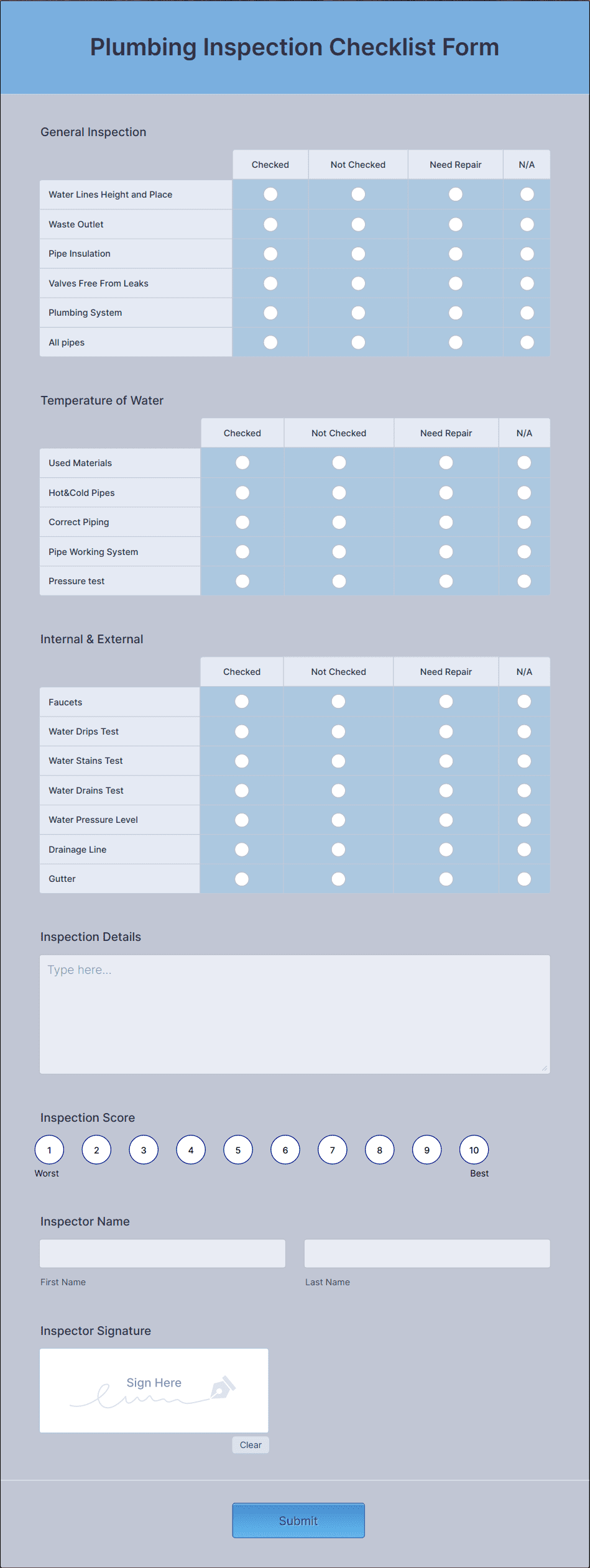 Plumbing Inspection Checklist Form Template | Jotform